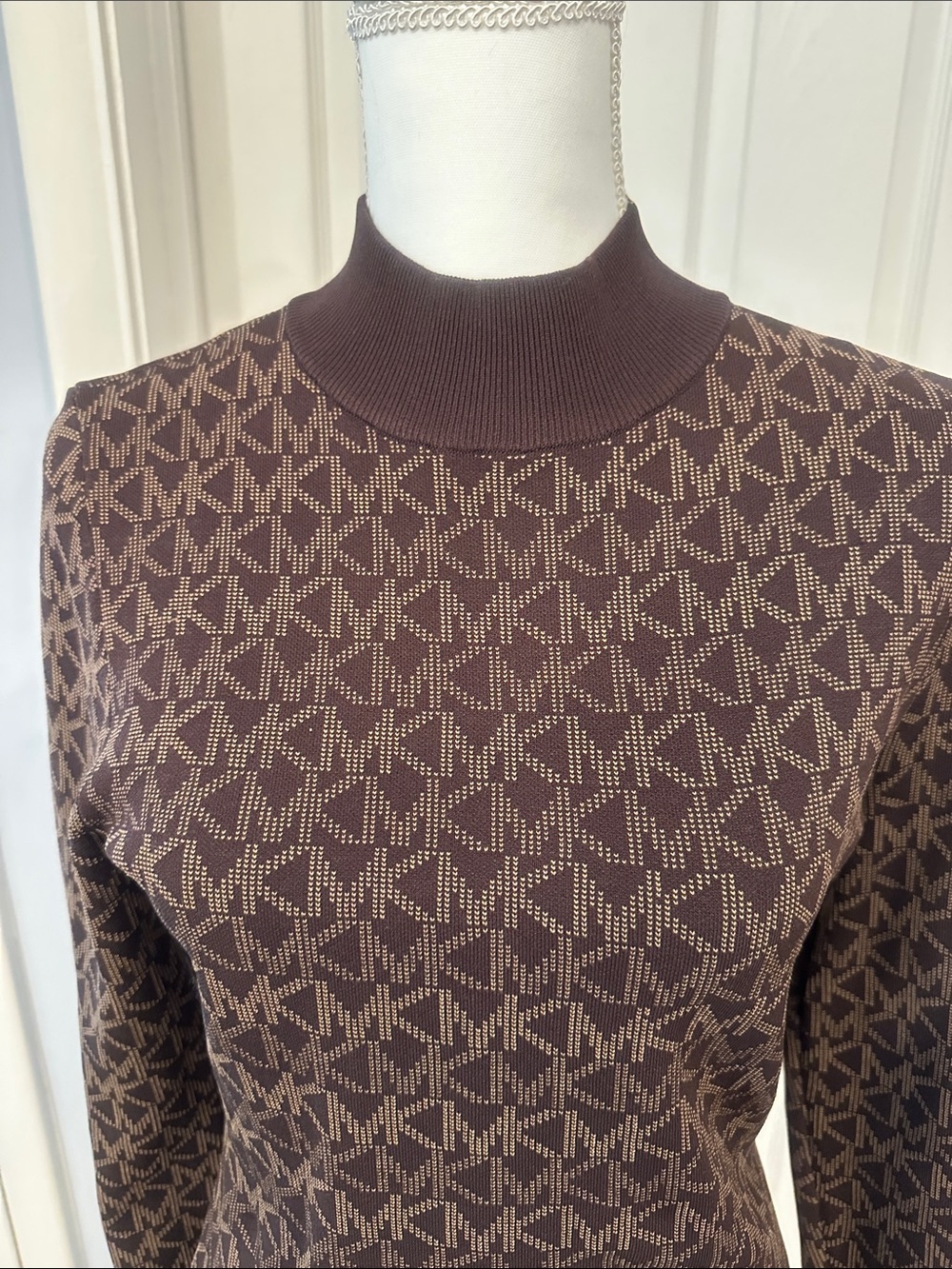 Michael Kors Brown MK Logo-Print Long-Sleeve Knit Dress - Picture 2 of 3